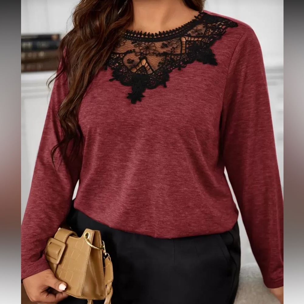Red Blouse with Black Lace Accent